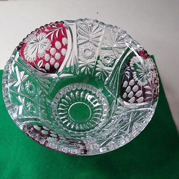 Source Unknown Other - Cut to Clear Pressed Glass Bowl with Red Cut to Clear Design Panels Cottagecore